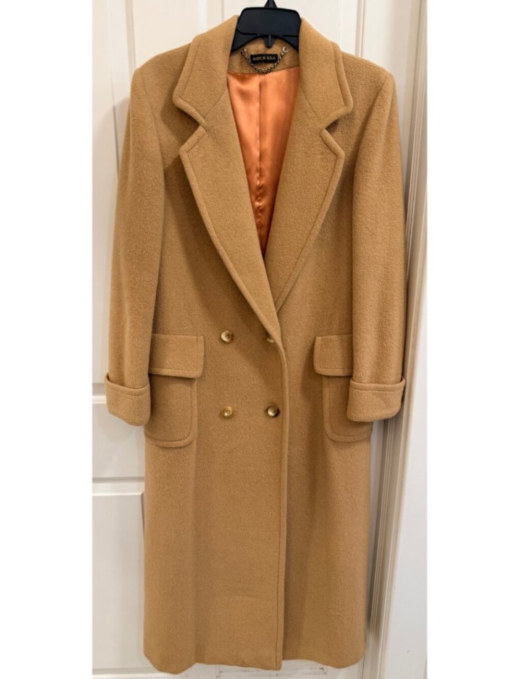 100% Camel Hair Long Double-Breasted Coat Size 12 Made in USA